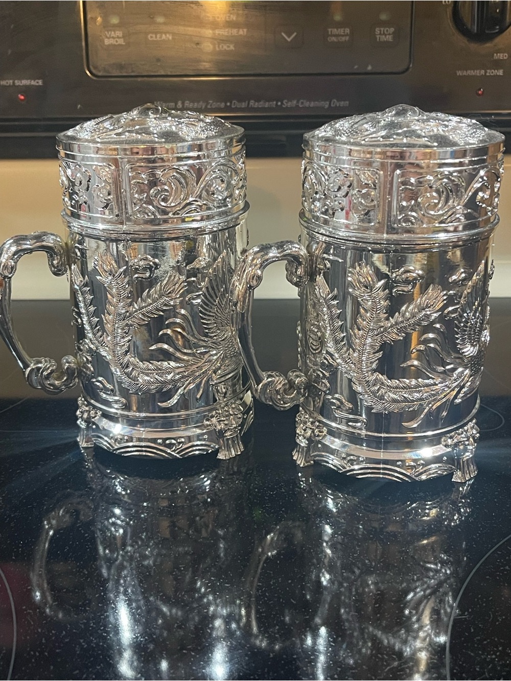 2 Japanese Cut Silver Plated Plastic Mugs W/removable lids Collectible Hot/Cold